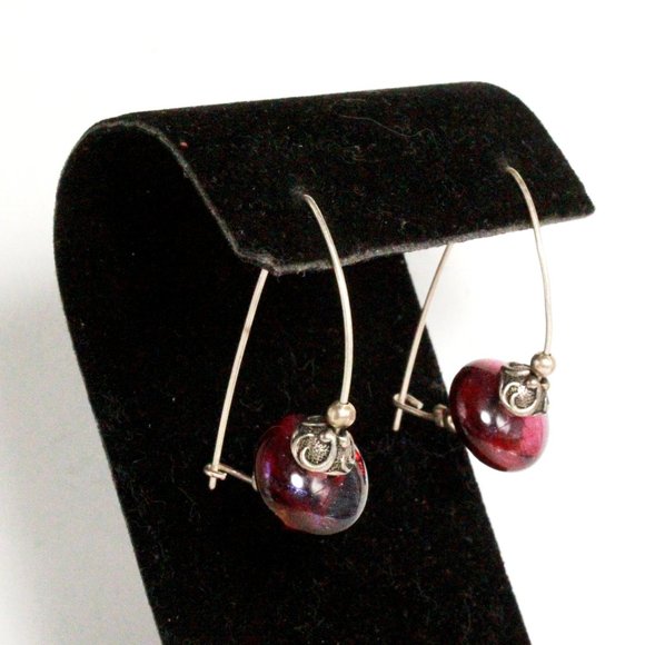 Sterling Silver Iridescent Cranberry Tumble Glass Long Dangle Earrings - Picture 1 of 8